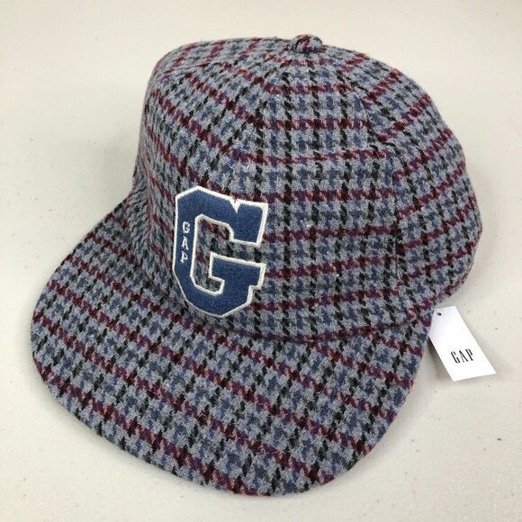 GAP Hat Grey Houndstooth Varsity Logo Wool Blend Strapback Baseball Cap NWT New - Picture 1 of 10
